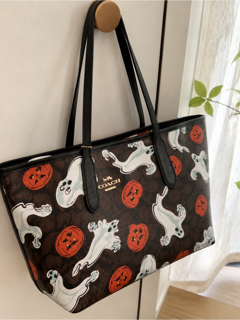 Coach Brown Signature Halloween Ghost & Pumpkin Tote Bag